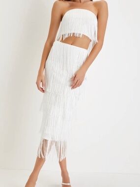 Bachelorette Bridal Lulus White fringe strapless two piece midi dress nwt large